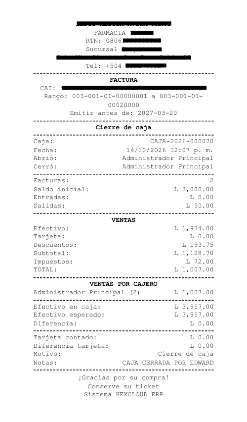 Ticket de cierre de caja saliendo de la impresora térmica